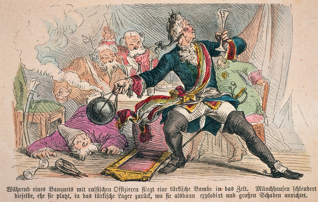Baron Munchausen (farge litho) av German School