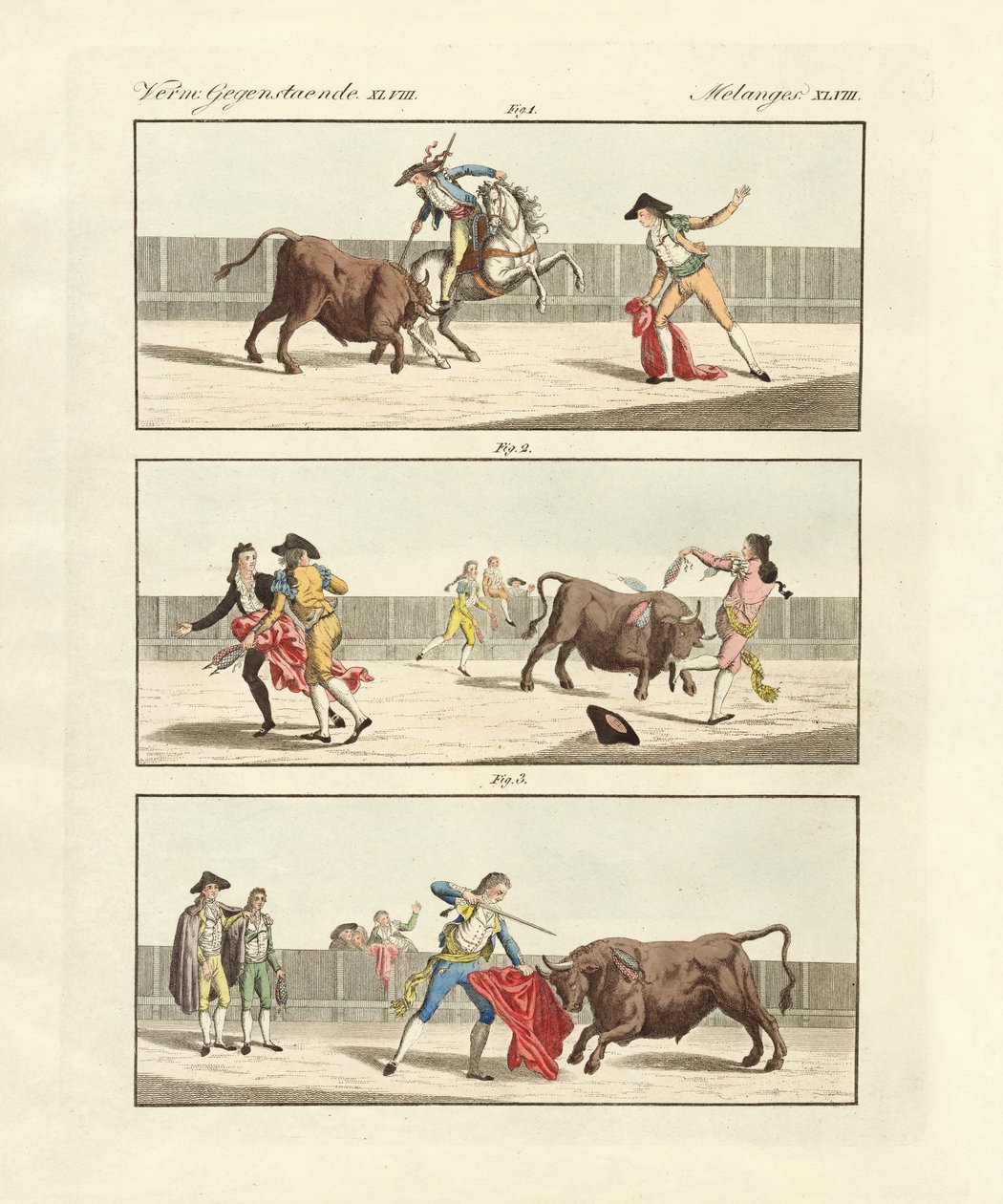 Spanskenes tyrefekting (farget gravering) av German School