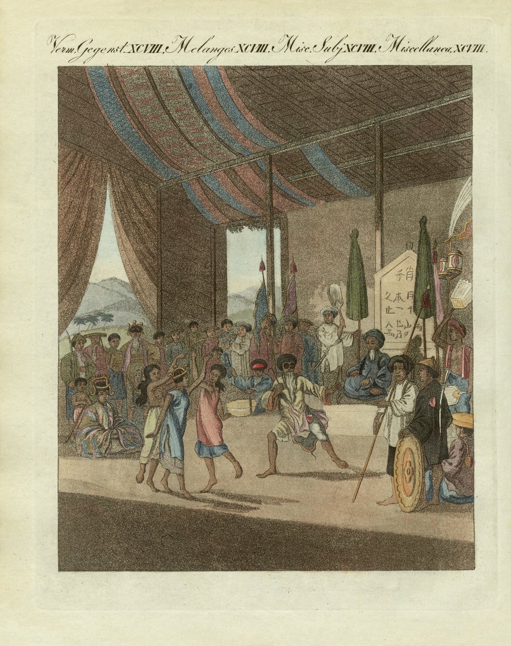 Cochin kinesisk opera (farget gravering) av German School