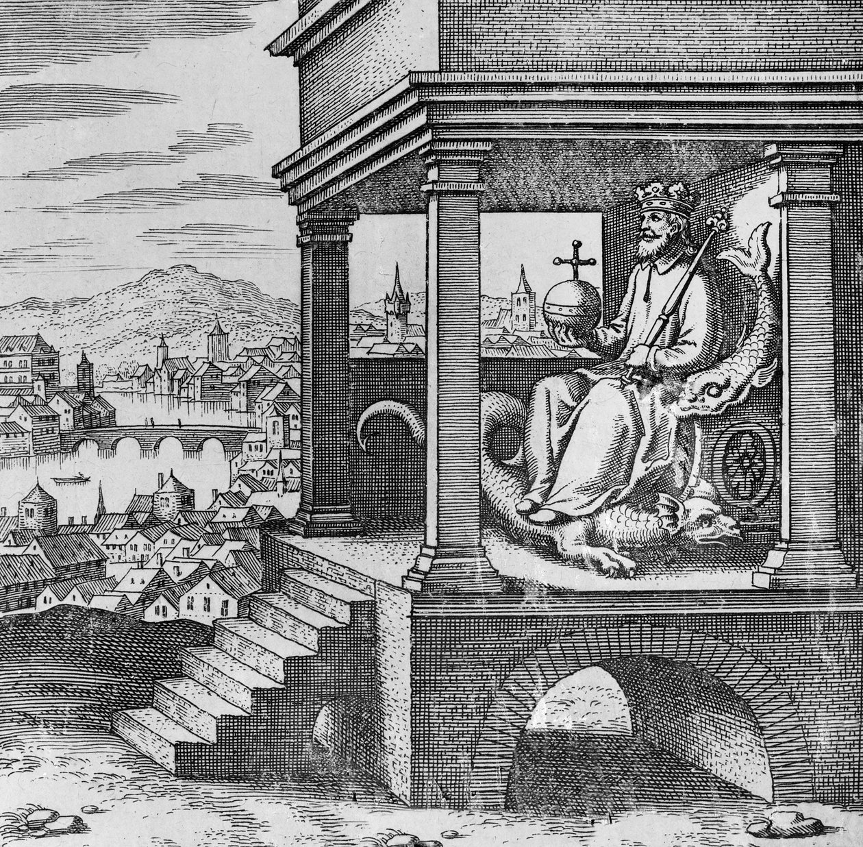 Crowned King on throne from Musaeum Hermeticum av German School