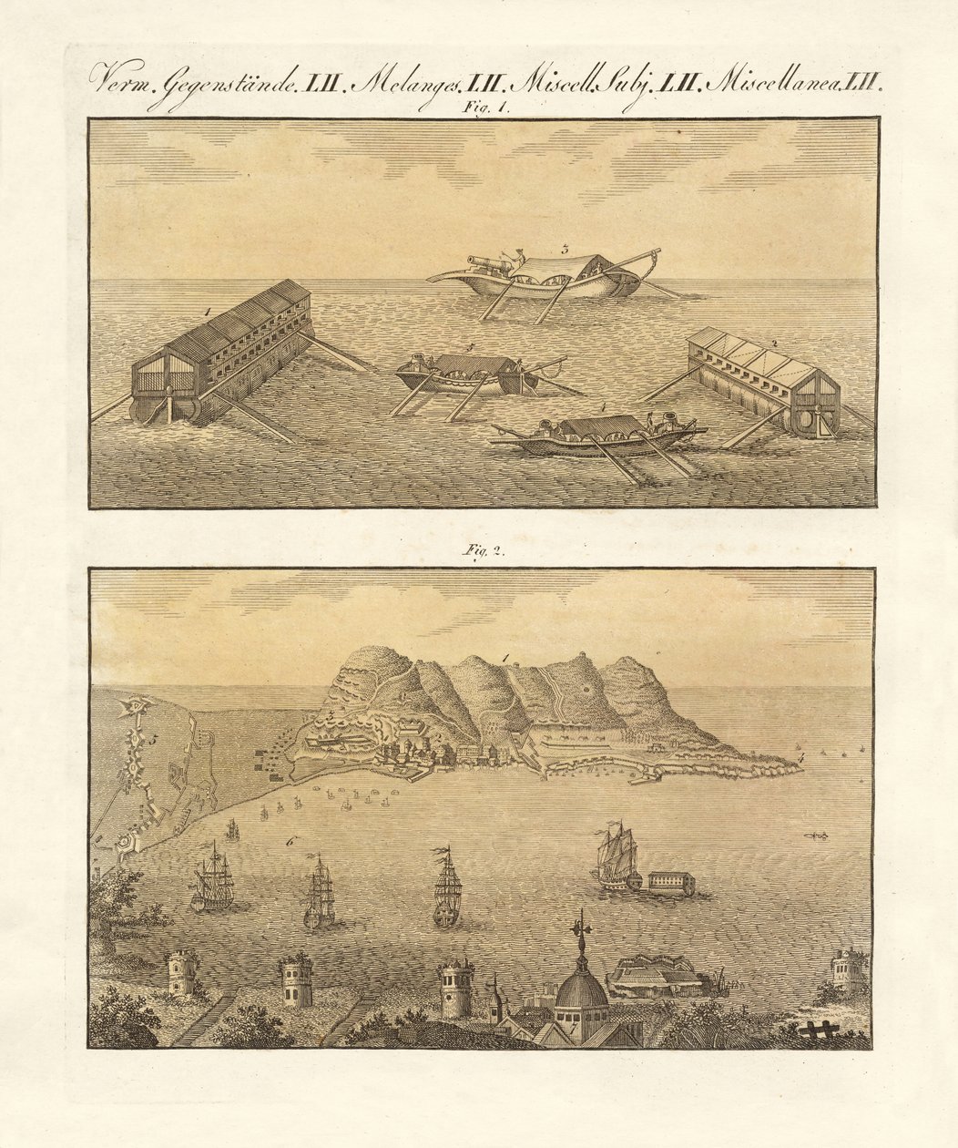 Gibraltar og svømmebatteriene (farget gravering) av German School