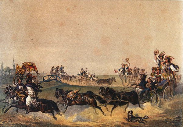 Ungarsk bryllupsprosesjon, ca. 1855 (farge litho) av German School