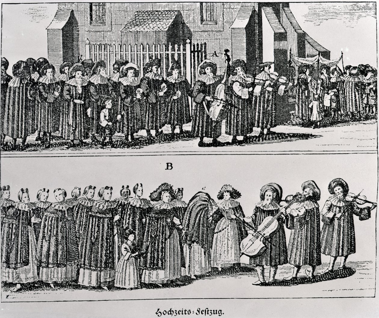 Jødisk karnevalsprosesjon (gravering) (bw-bilde) av German School