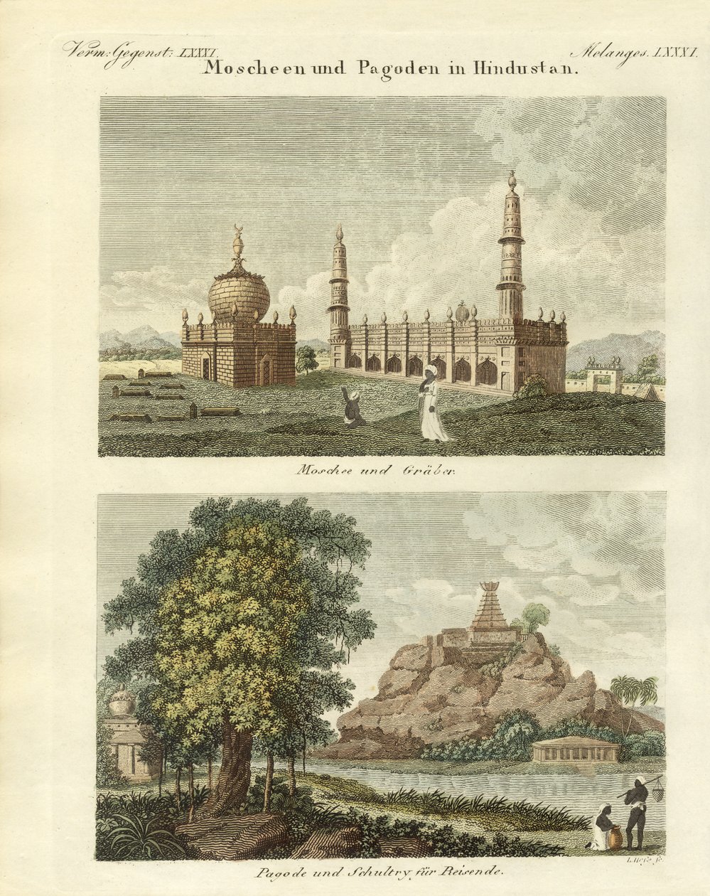 Moskeer og pagoder i Hindustan (farget gravering) av German School