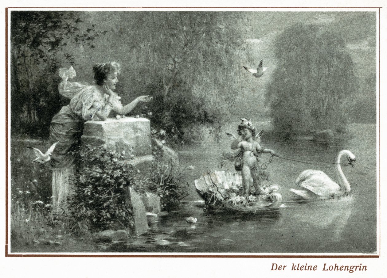 Postkort som viser Lohengrin med svanen (litho) av German School