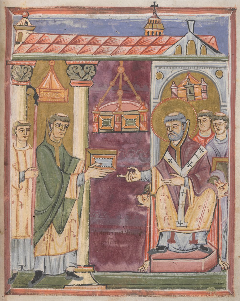 Prest presenterer en bok [til St. Augustine?] av German School