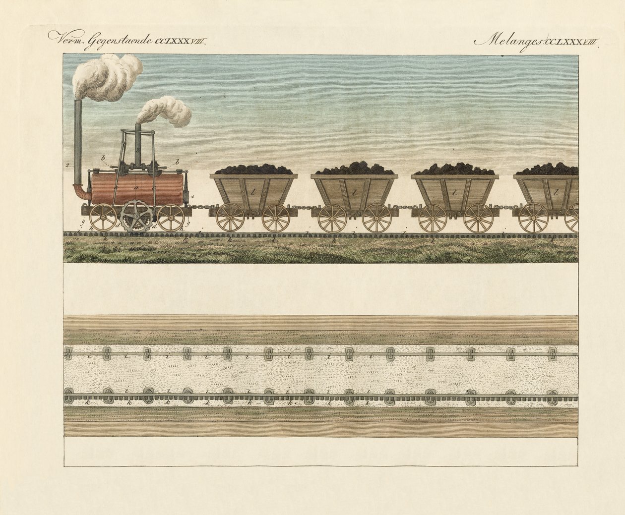 Jernbaner og Steamtrans (farget gravering) av German School