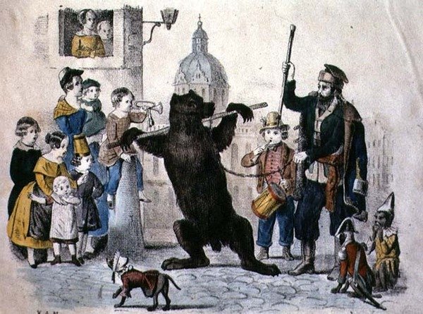 The Performing Bear, ca. 1860 (fargegravering) av German School