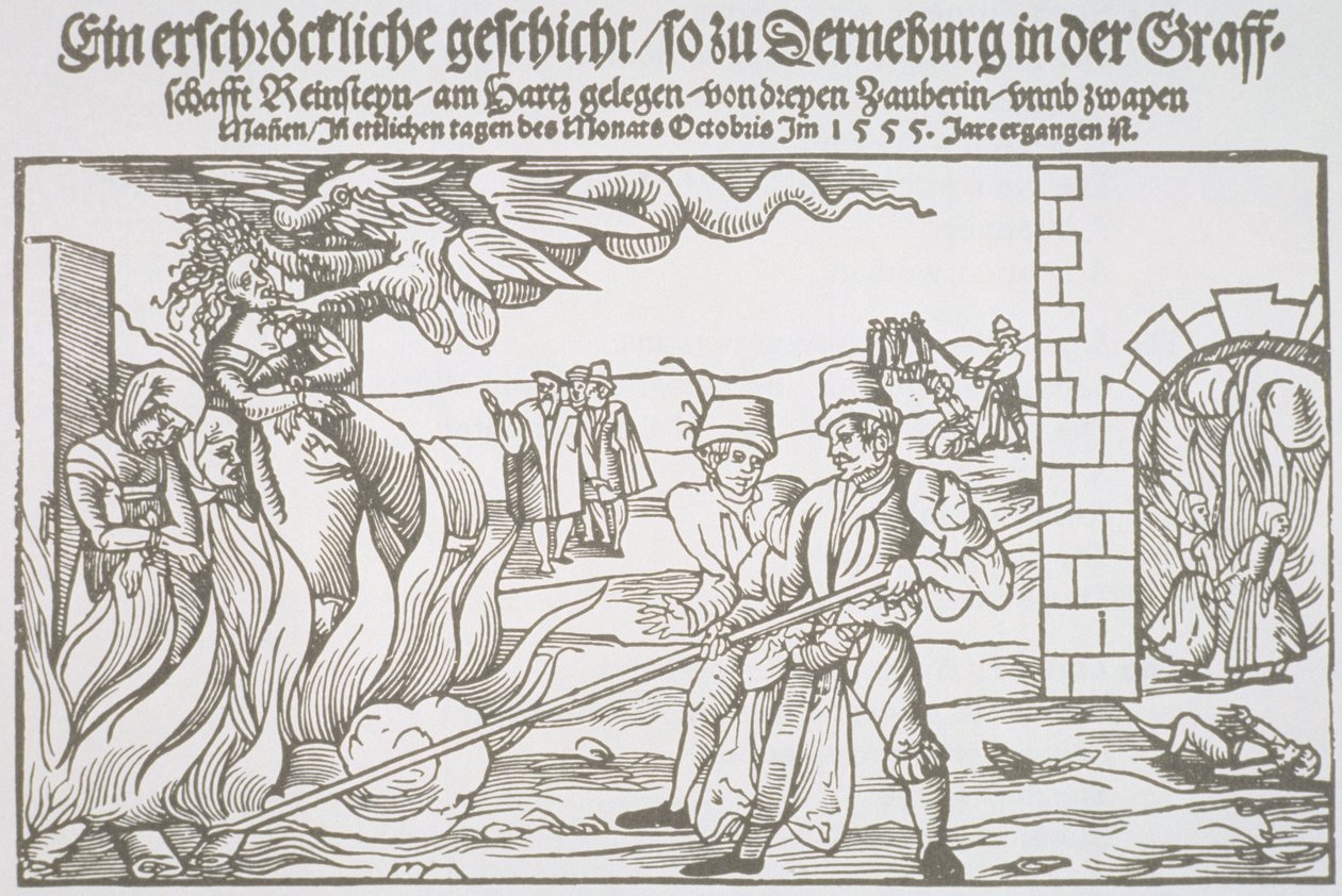 Tre hekser brent levende, brosjyreillustrasjon av German School