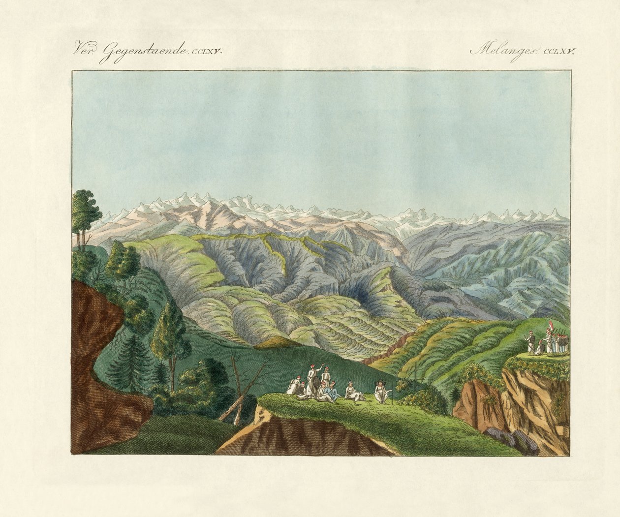 To utsikt over Himalaya (farget gravering) av German School
