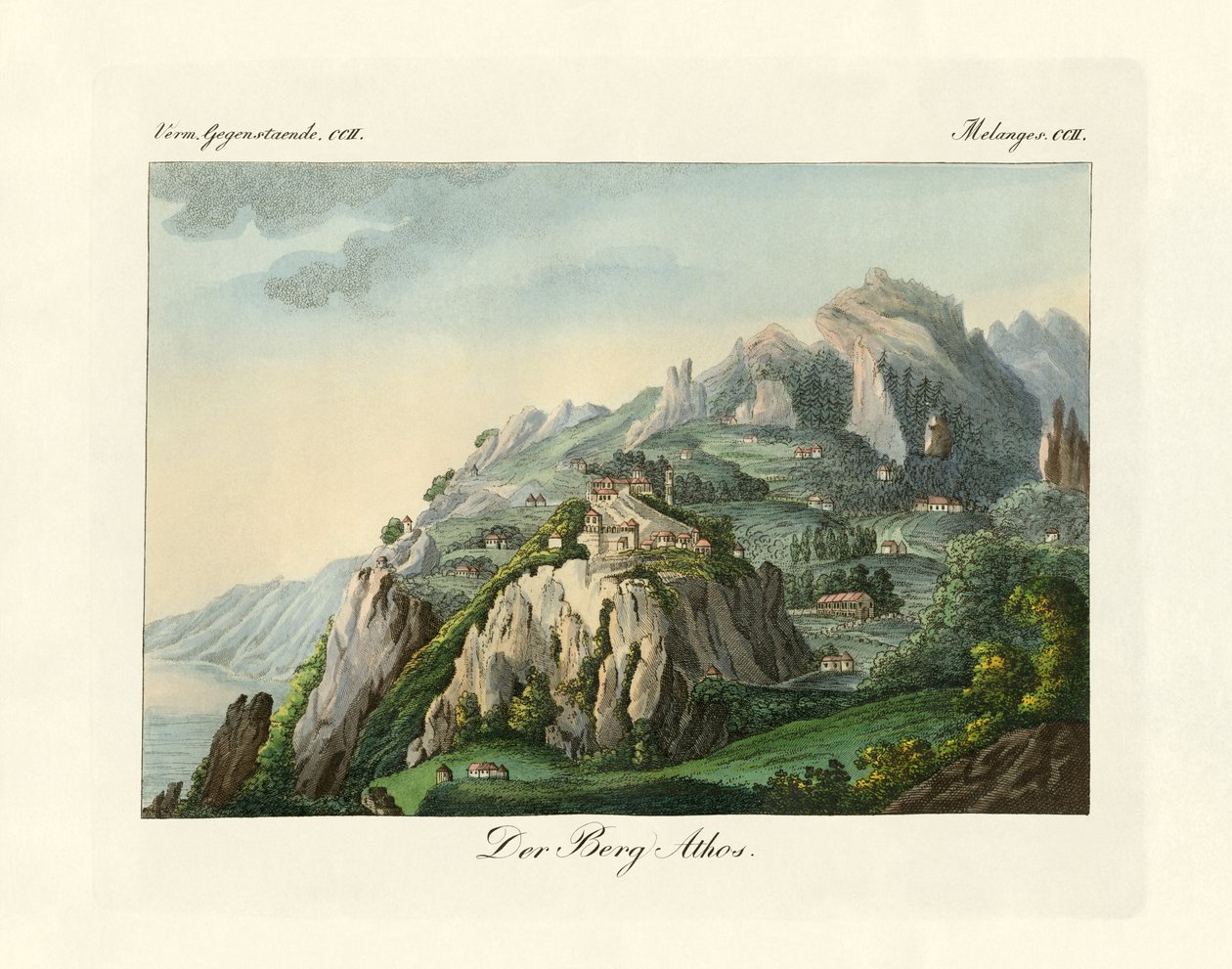 Utsikt over Athos-fjellet (farget gravering) av German School
