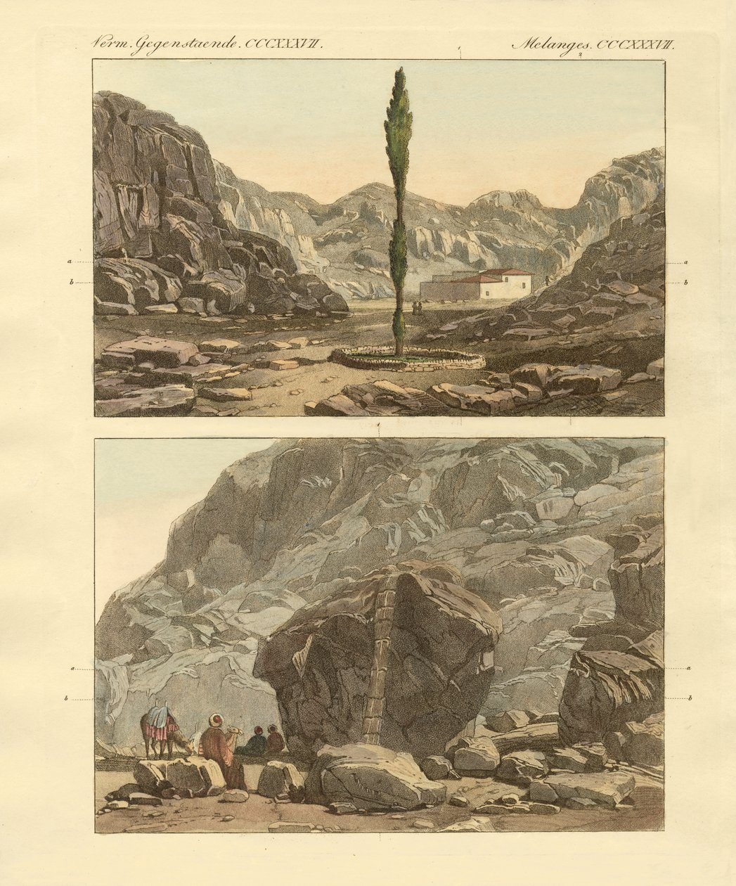Utsikt over Sinai-fjellet (farget gravering) av German School