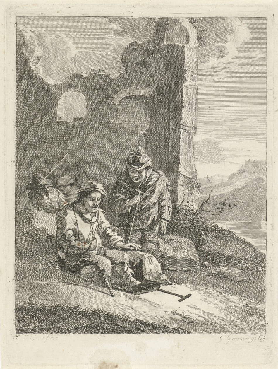 Fire figurer ved en ruin av Gerrit Groenewegen