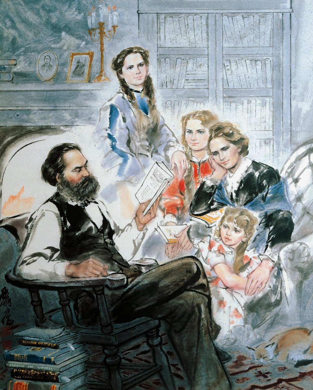 Karl Marx og hans familie (akvarell) av Ghan Zen Mon