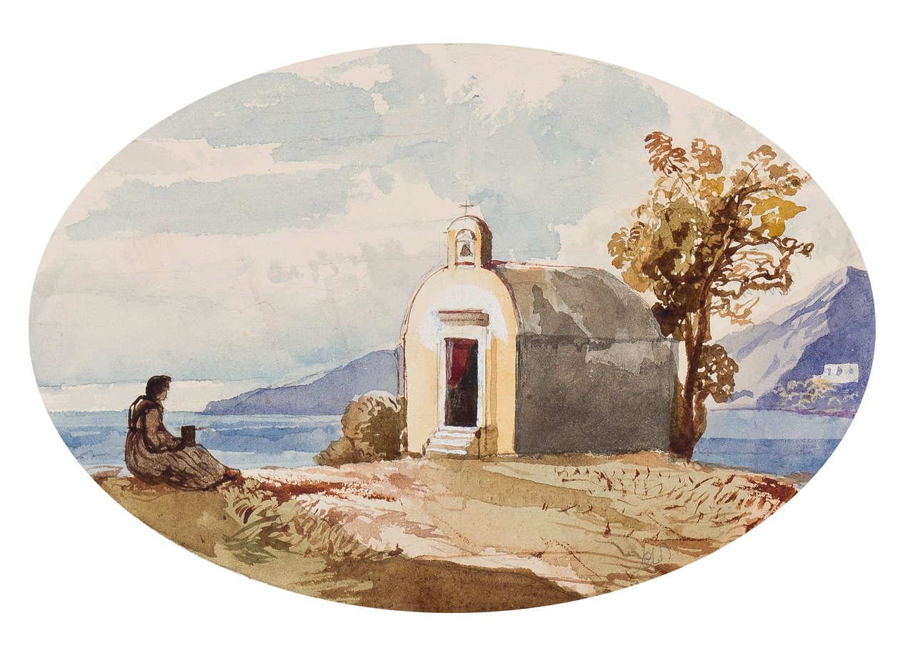 Kapell ved sjøen, med tillegg av prinsesse Maria Annunziata di Borbone (1843-1871) (blyant, wc og gouache på papir) av Giacinto Gigante
