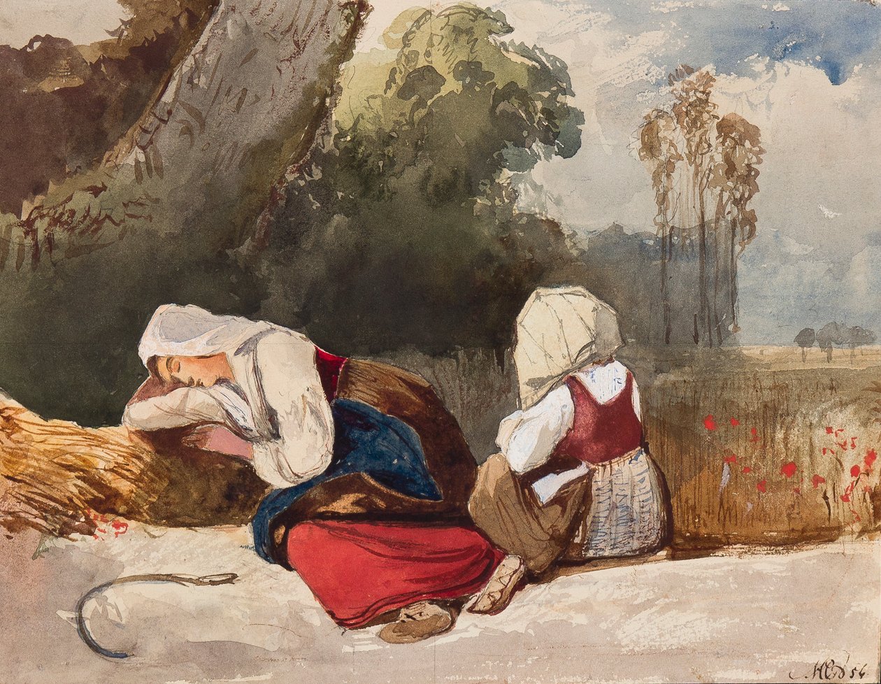 Gleaners hviler, med tillegg av prinsesse Maria Annunziata di Borbone (1843-1871), 1854 (blyant, wc og gouache på papir) av Giacinto Gigante