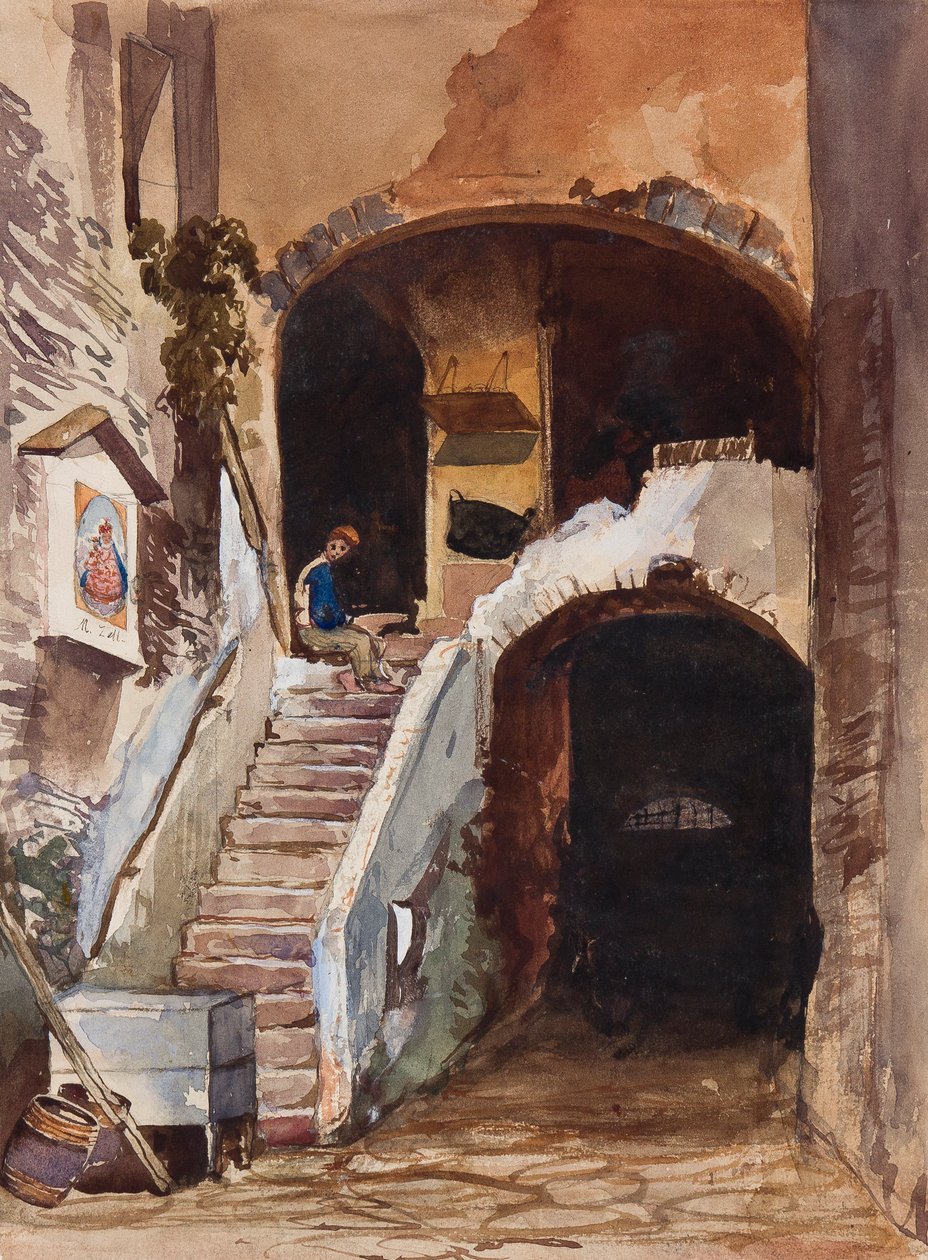 Napolitansk hus, med tillegg av en Borbone-elev (blyant, wc og gouache på papir) av Giacinto Gigante
