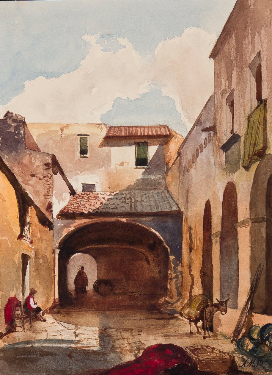 Passasje og gate med figurer, med tillegg av prins Alfonso Maria di Borbone (1841-1934), 1853 (blyant, wc og gouache på papir) av Giacinto Gigante