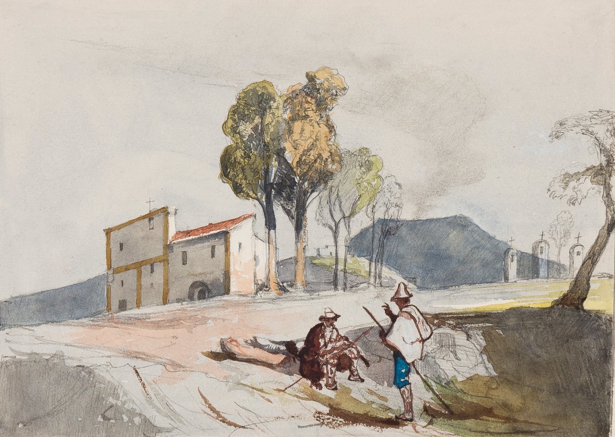 Hyrder med Vesuv i det fjerne, med tillegg av en Borbone-elev (blyant, wc og gouache på papir) av Giacinto Gigante