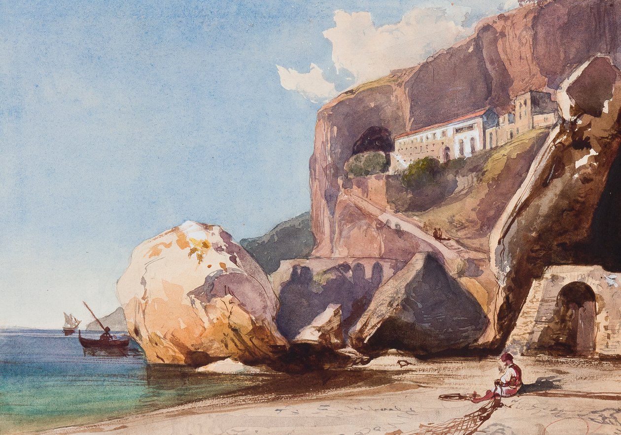 Kapusinerklosteret i Amalfi fra stranden, med tillegg av prins Alfonso Maria di Borbone (1841-1934) (blyant, wc og gouache på papir) av Giacinto Gigante