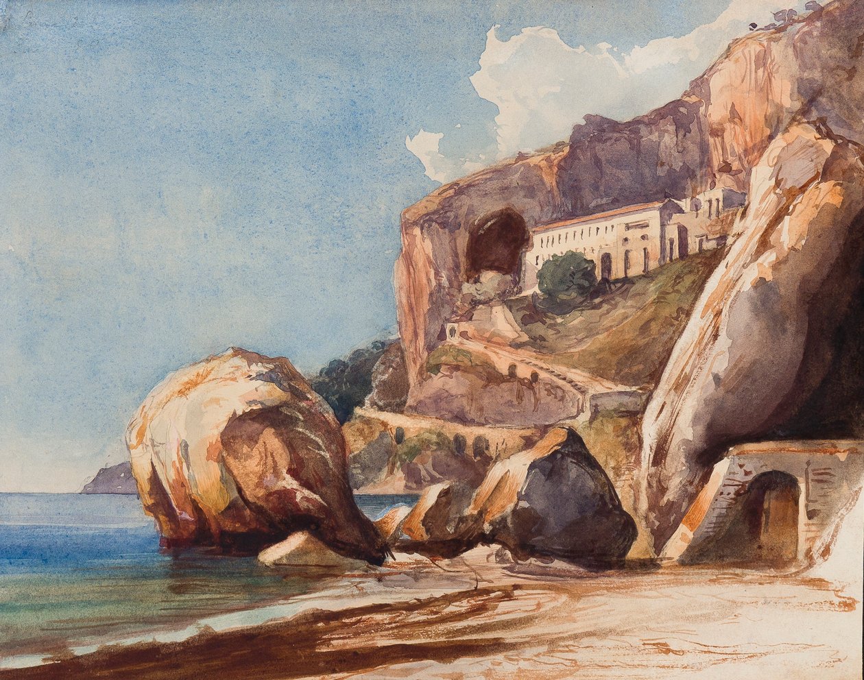 Capuchin-klosteret i Amalfi fra stranden, med tillegg av en Borbone-elev (blyant og wc på papir) av Giacinto Gigante