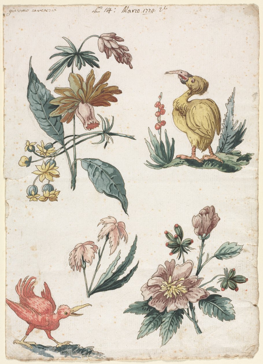 Blomsterdesign med to fugler, 1774. av Giacomo Cavenezia