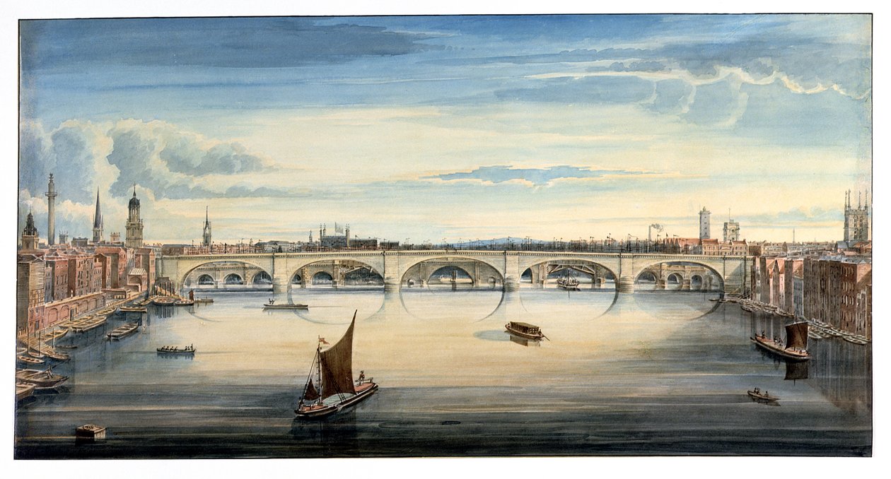 Vestutsikt over New London Bridge og Old London Bridge, 1830 av Gideon Yates