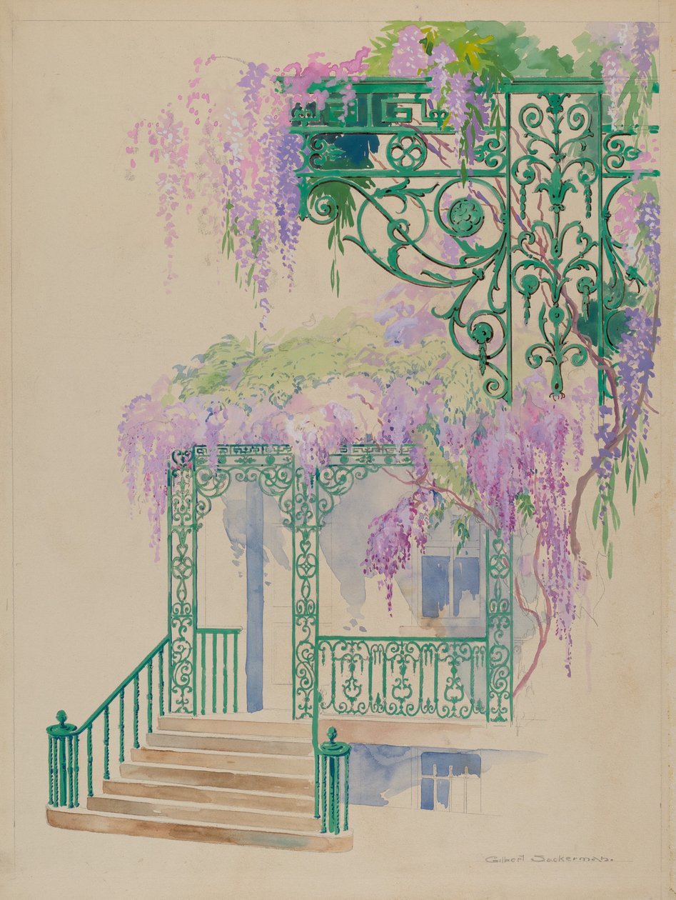 Verandarekkverk i støpejern, ca. 1936. av Gilbert Sackerman