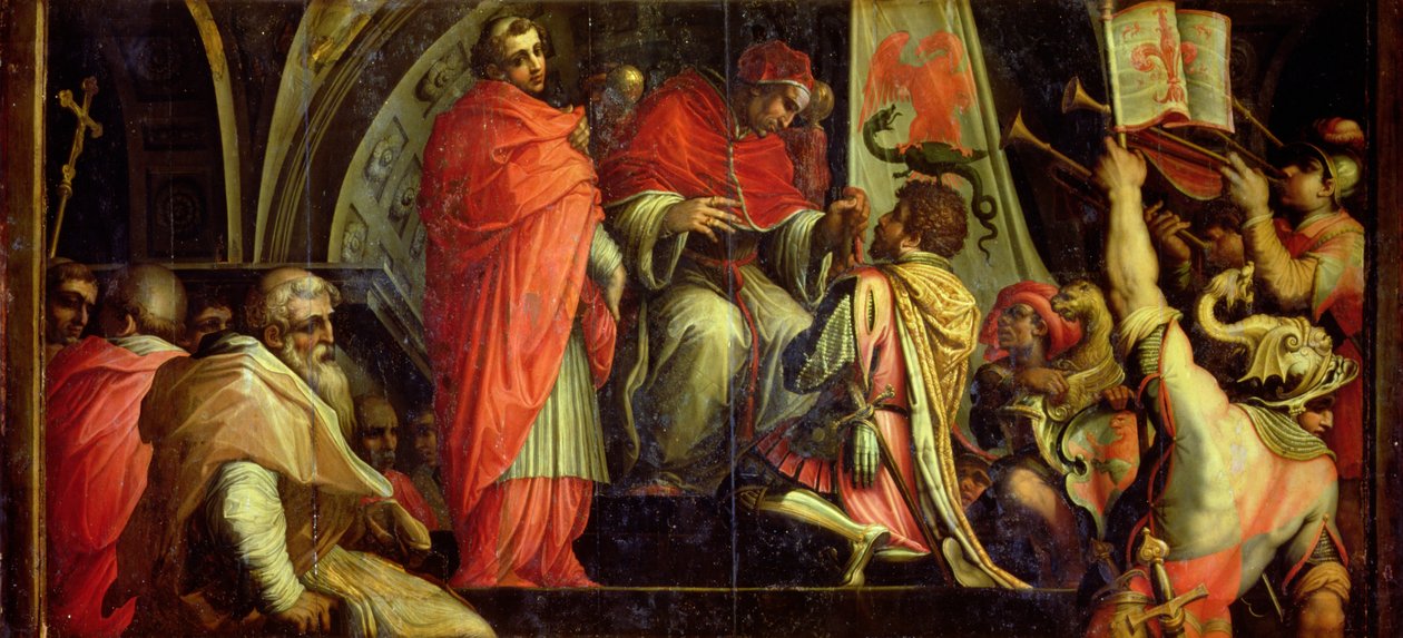 Clement IV (1265-68) leverer våpen til lederne av Guelph-partiet fra taket på Salone dei Cinquecento, 1565 (panel) av Giorgio Vasari