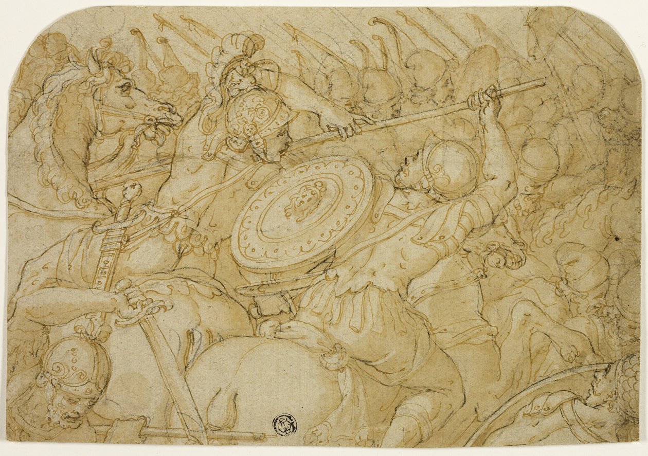 Kavaleri trefning (recto); Arkitektonisk skisse (verso) av Giorgio Vasari