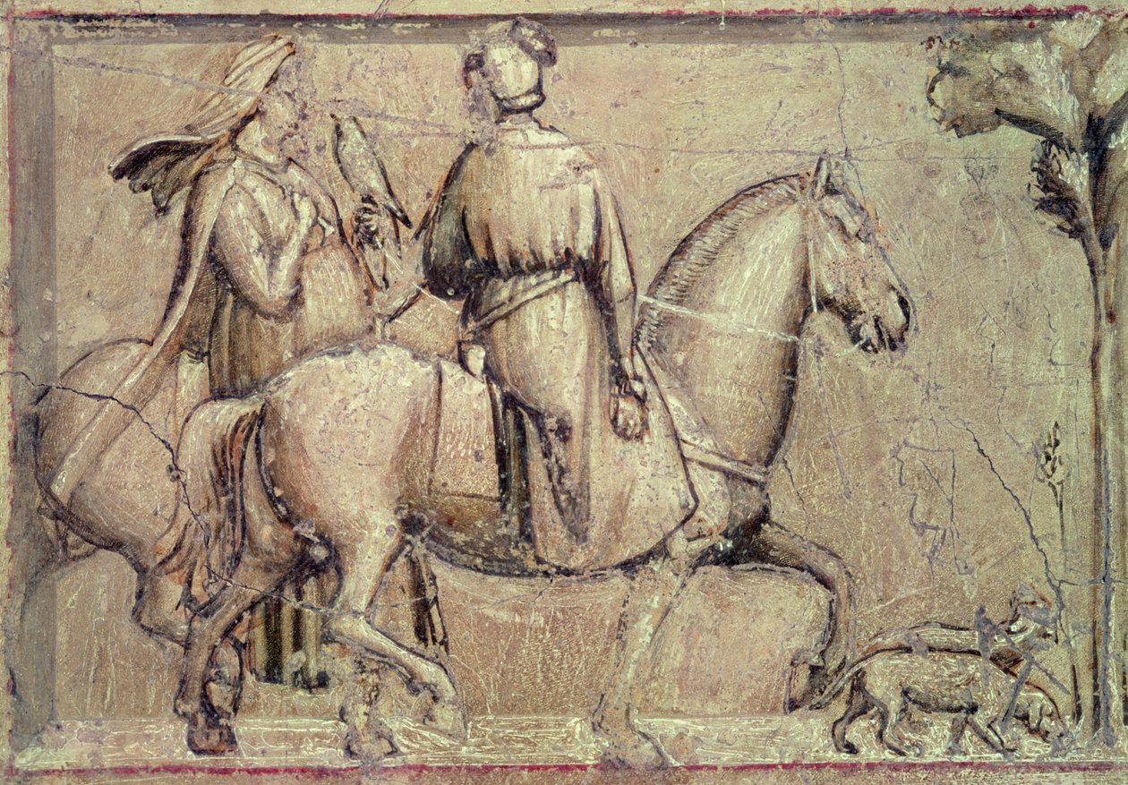 Allegory of Justice, før restaurering (detalj av to ryttere som drar på jakt med en falk), 1305 av Giotto di Bondone
