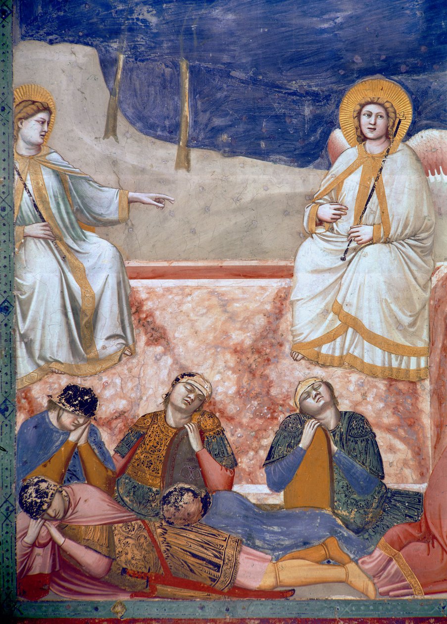 Noli Me Tangere, eller Kristi åpenbaring til Maria Magdalena, detalj av graven, engler og sovende soldater, 1303-05 (se også 155974) av Giotto di Bondone