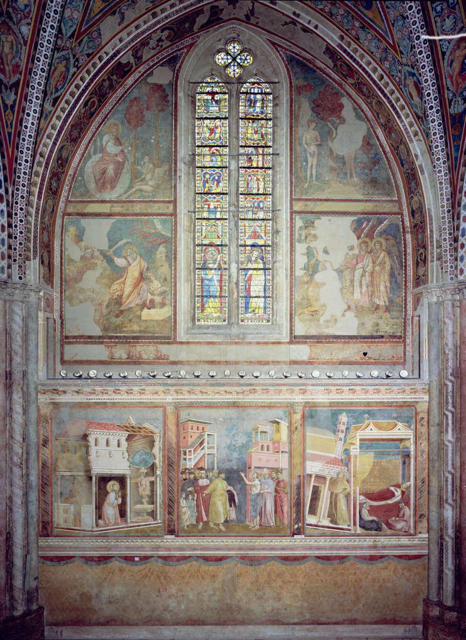 Scener fra The Life of St. Francis: St. Francis Praying at St. Damian; St. Francis gir avkall på sin fars goder og jordiske rikdom; Drømmen om Innocentius III (1161-1216) 1296-97 av Giotto di Bondone