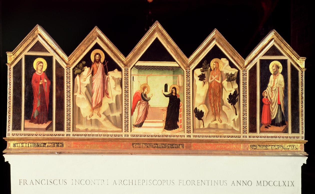 St. Reparata Polyptych, L til R: St. Reparata, St. Johannes døperen, Bebudelse, uidentifisert helgen, St. Nicholas (omvendt) av Giotto di Bondone