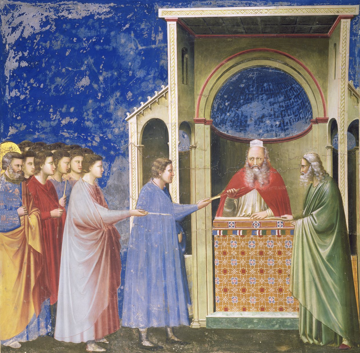 Jomfruens friere presenterer stengene sine ved tempelet, ca. 1305 av Giotto di Bondone