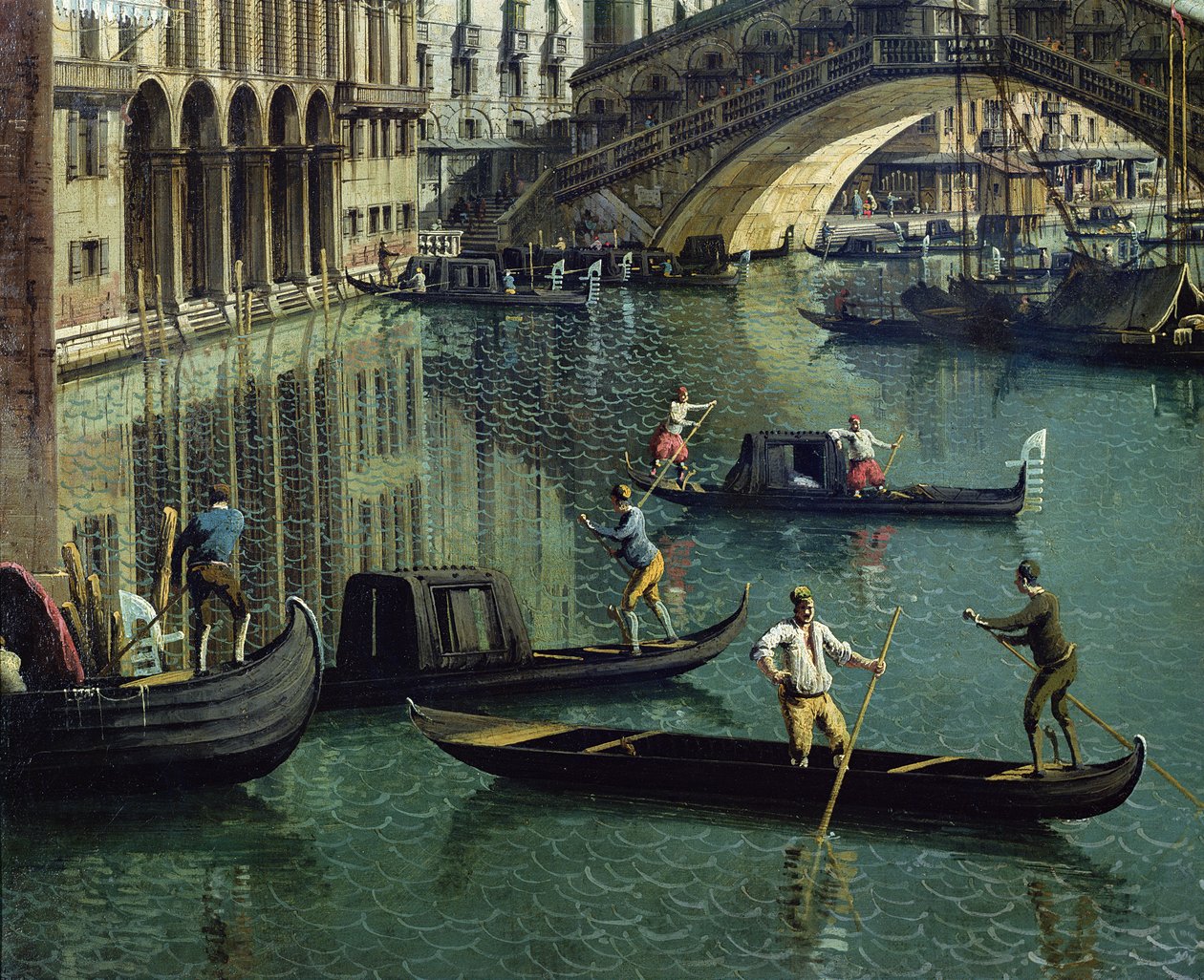 Gondoliers nær Rialtobroen, Venezia (detalj av 155335) av Giovanni Antonio Canal