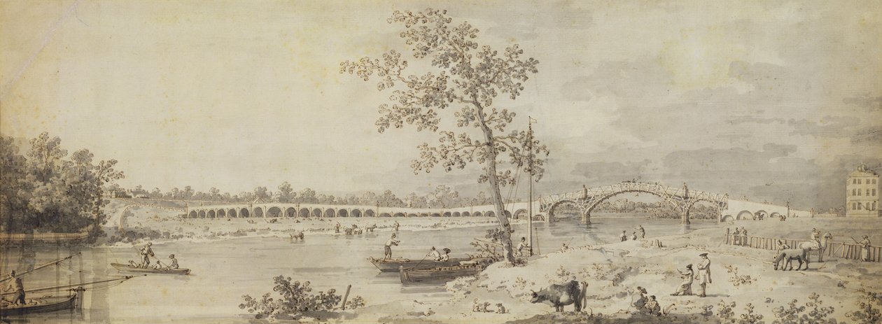 Old Walton Bridge sett fra Middlesex Shore, 1755 (penn og blekk med vask på papir) av Giovanni Antonio Canal