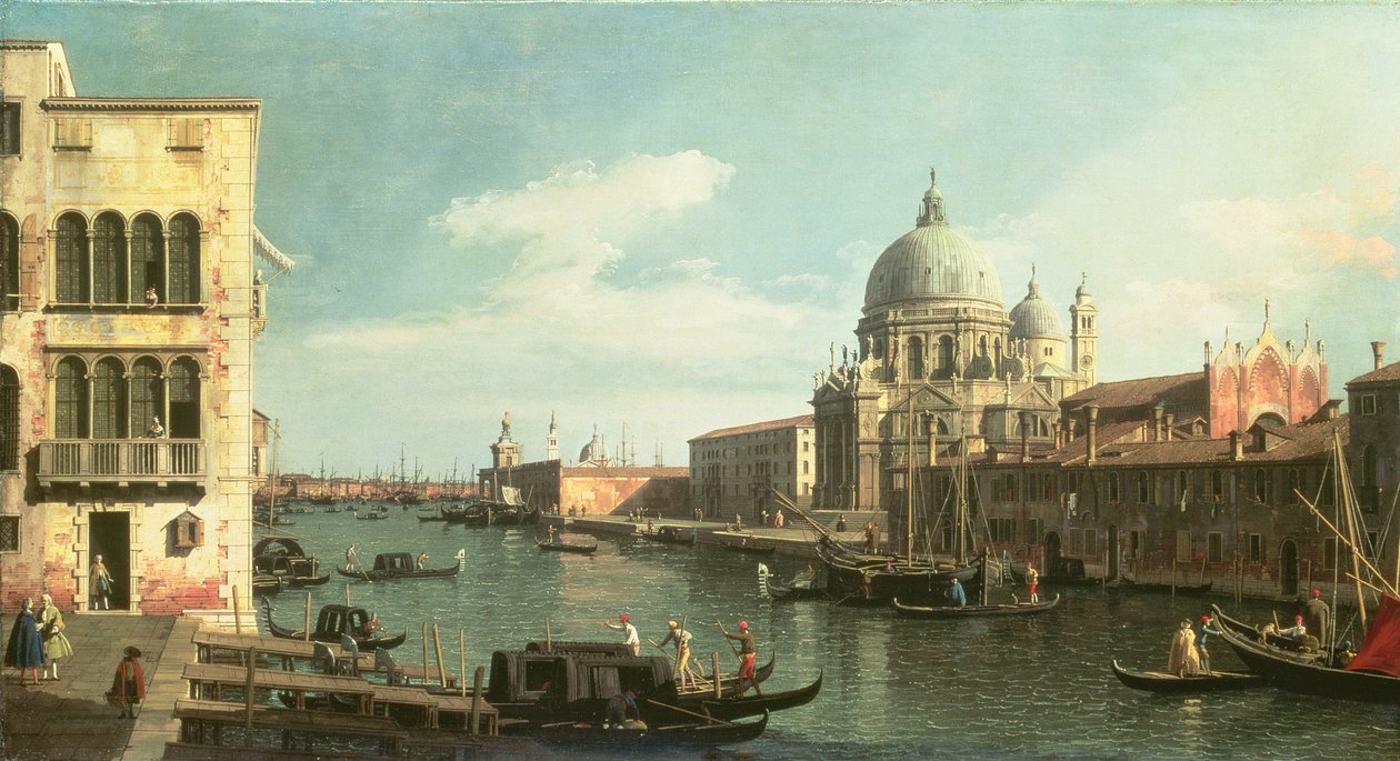 Utsikt over Canal Grande: Santa Maria della Salute og Dogana fra Campo Santa Maria Zobenigo, tidlig på 1730-tallet av Giovanni Antonio Canal