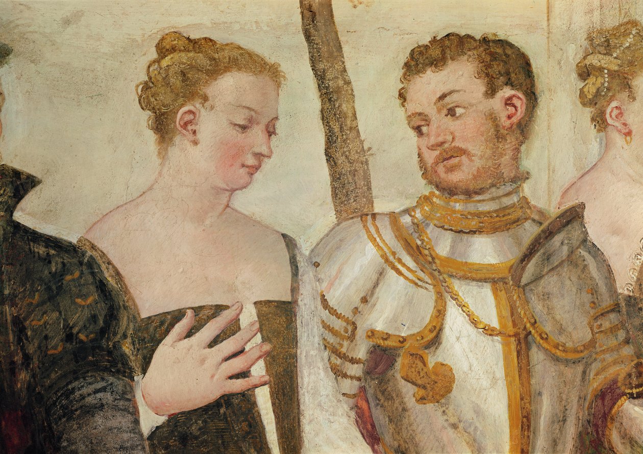 Invitasjon til dansen, detalj av to hoder, freskomaleri fra 1570 av Giovanni Antonio Fasolo