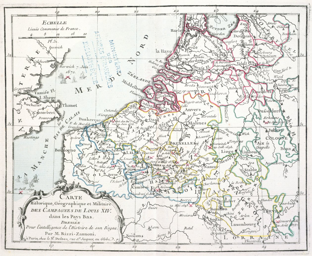 Kart som viser de militære kampanjene til Ludvig XIV i de lave landene, fra Atlas géographique et militaire, utgitt i Paris, 1763 (fargegravering) av Giovanni Antonio Rizzi Zannoni