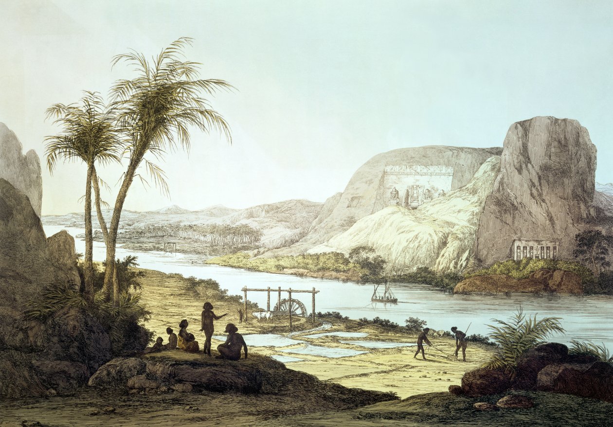 Utsikt over templene i Abu Simbel, Nubia, gravert av Augustine Aglio (1777-1857) av Giovanni Battista Belzoni