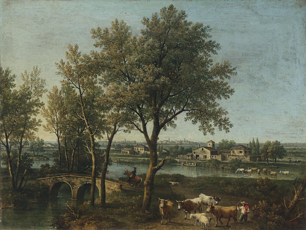 Elvelandskap med en gjeter, flokk og rytter av Giovanni Battista Cimaroli