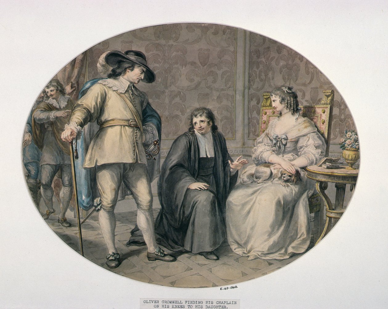 Oliver Cromwell oppdager kapellanen sin, Jeremiah White, på knærne før sin yngste datter, Frances av Giovanni Battista Cipriani