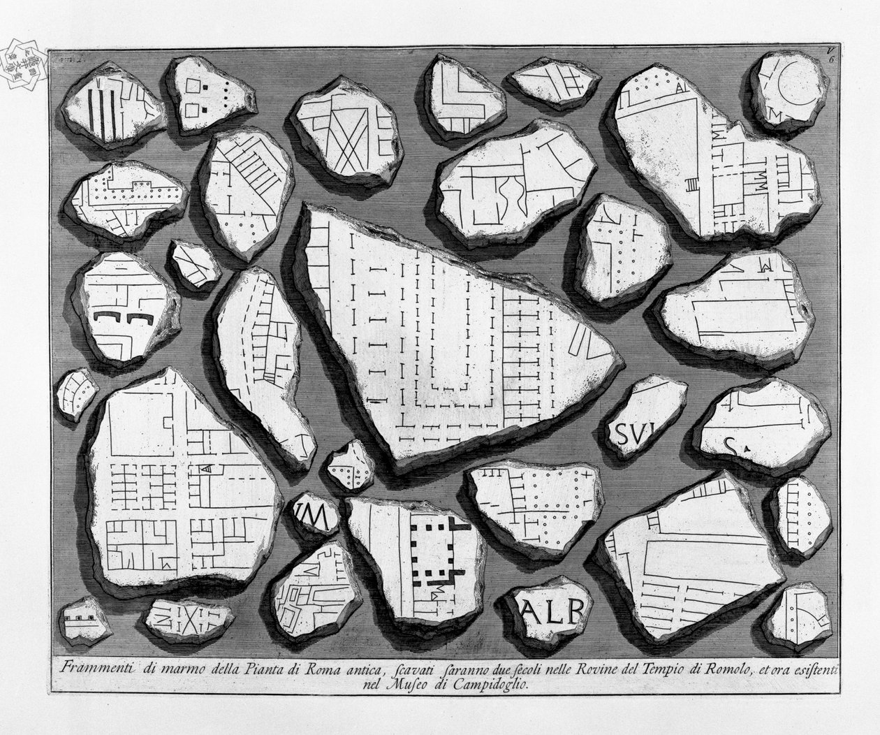 Marmorfragmenter av planen i det gamle Roma av Giovanni Battista Piranesi