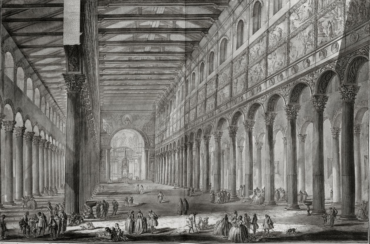 Interiør i basilikaen San Paulo Fuori le Mura, Roma, fra 'Le Antichita Romane de GB Piranesi (1756)', utgitt i Paris, 1835 av Giovanni Battista Piranesi