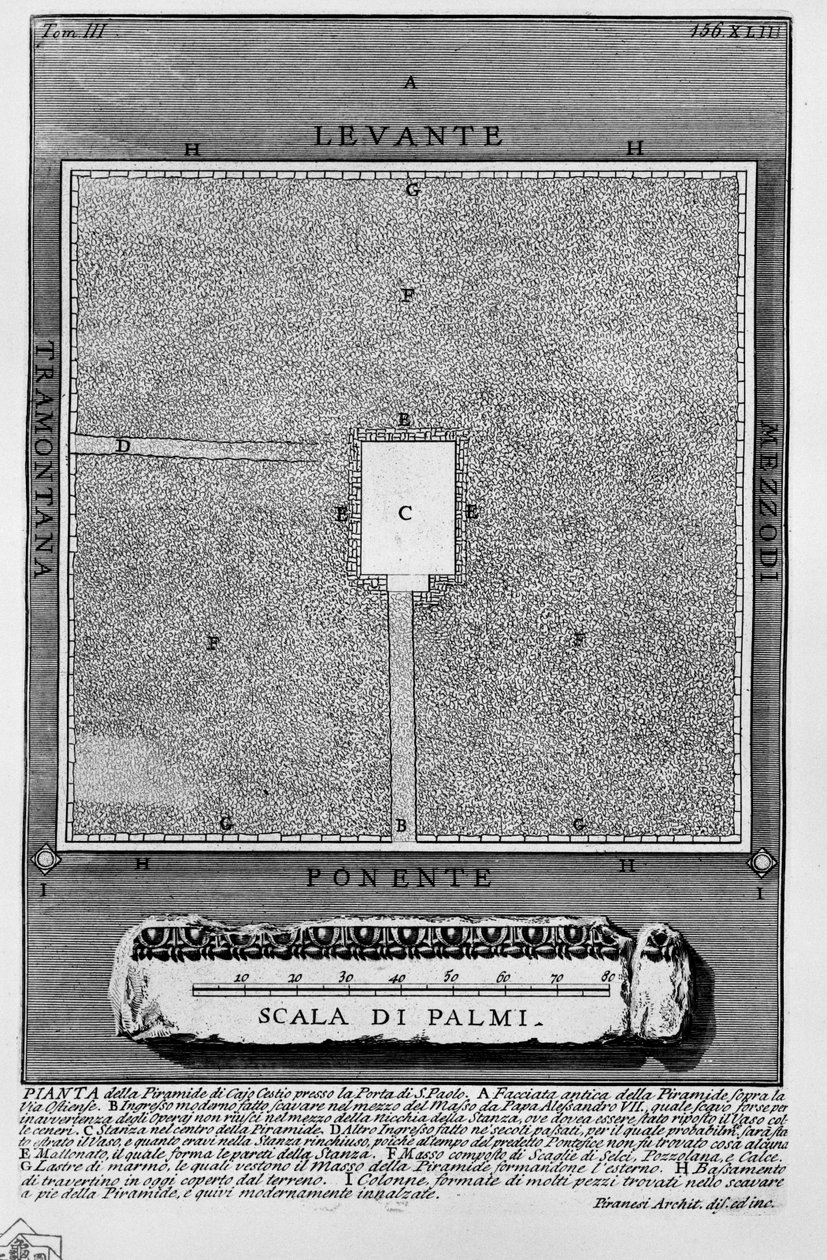 PLAN for Pyramiden i Cajo Cestio ved Porta di S. Paolo. av Giovanni Battista Piranesi