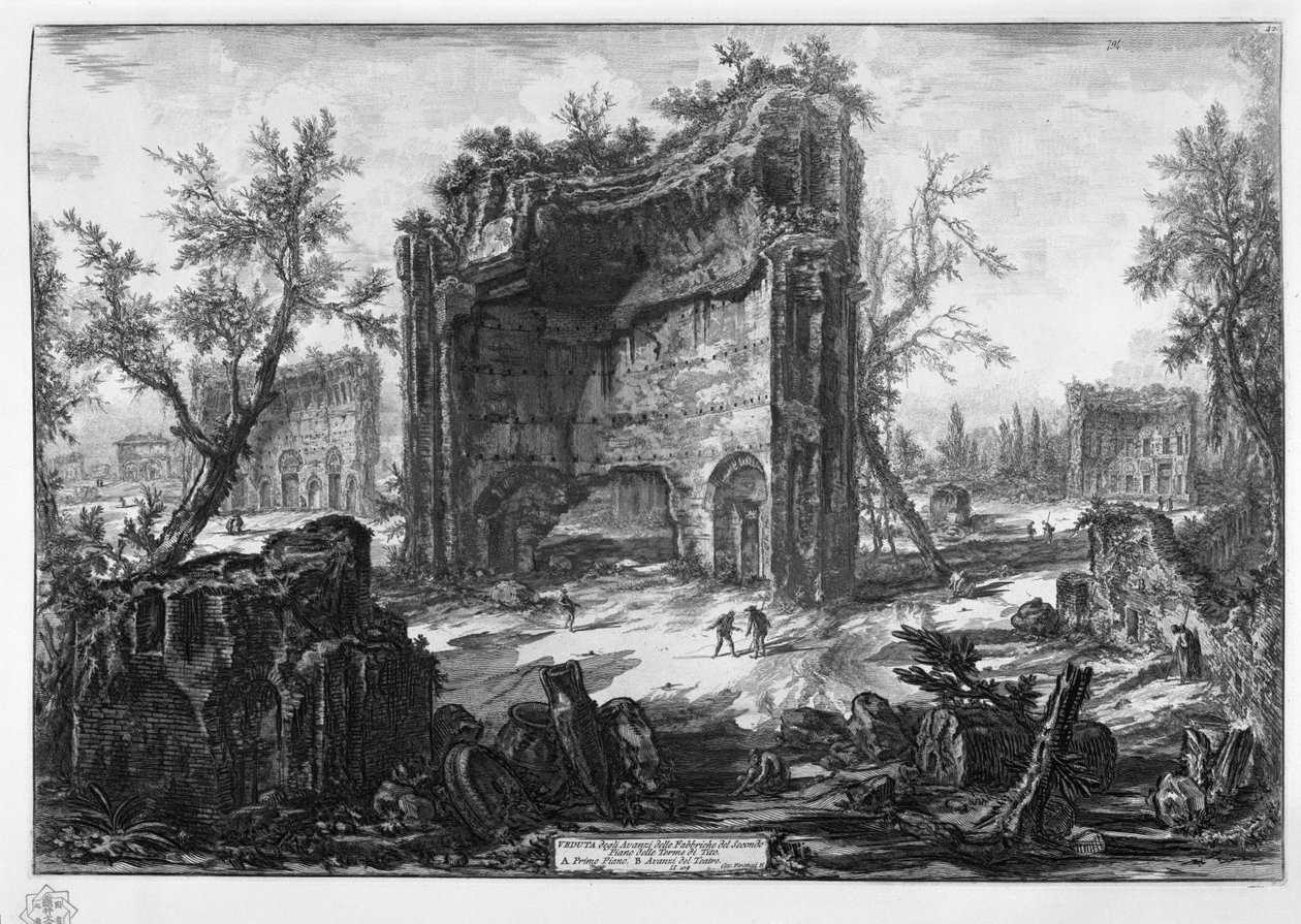 VISNING av restene av fabrikkene i andre etasje i Terme di Tito. I første etasje. B Teaterrester av Giovanni Battista Piranesi
