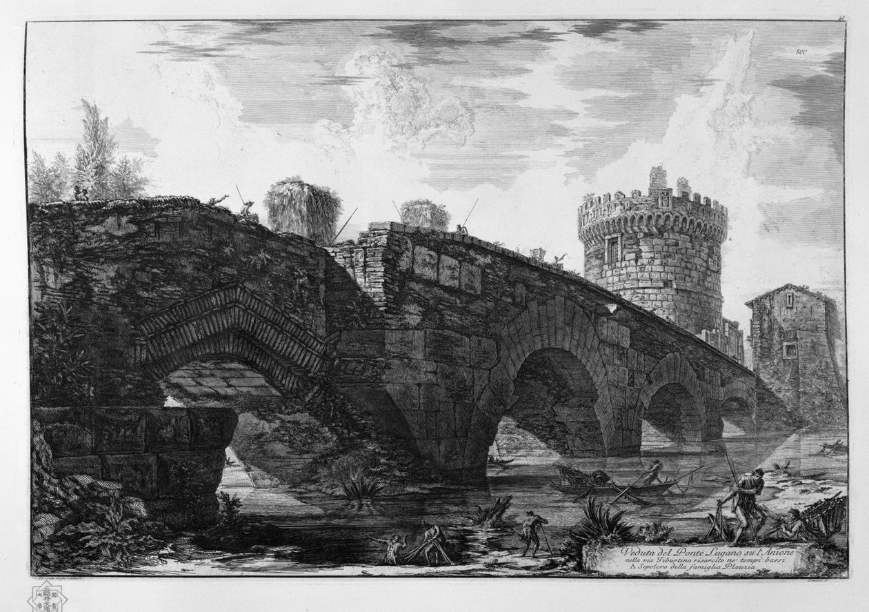 Utsikt over Lugano -broen over Anione i via Tiburtina kompensert i de lave templene av Giovanni Battista Piranesi