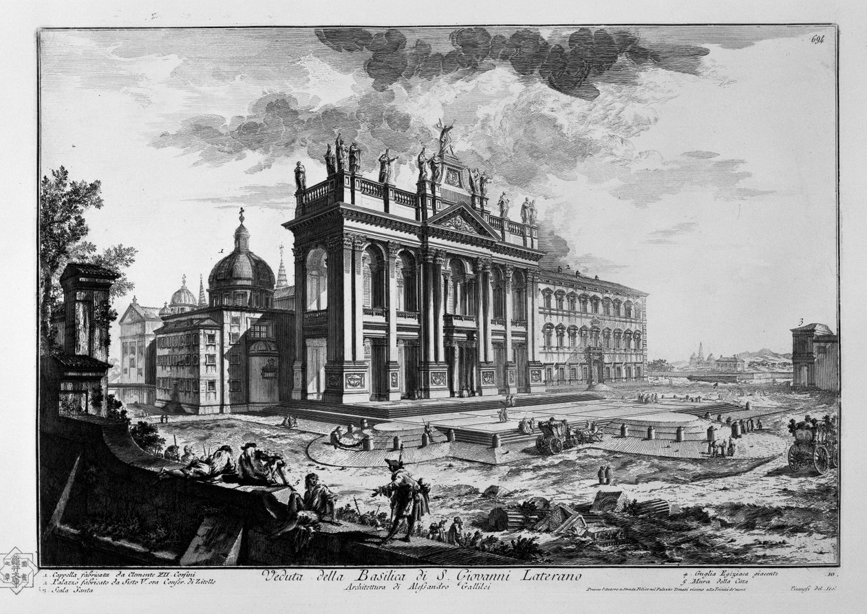 Utsikt over basilikaen S. Giovanni Laterano; arkitektur av Alessandro Gallilei. 1. Kapell bygget av Clement XII. Corsini. 2. Palace bygget av Sixtus V. nå Conser. av Zitelle. 3. Hellige trapper. 4. Egyptisk spir som ligger. 5. Bymurer av Giovanni Battista Piranesi