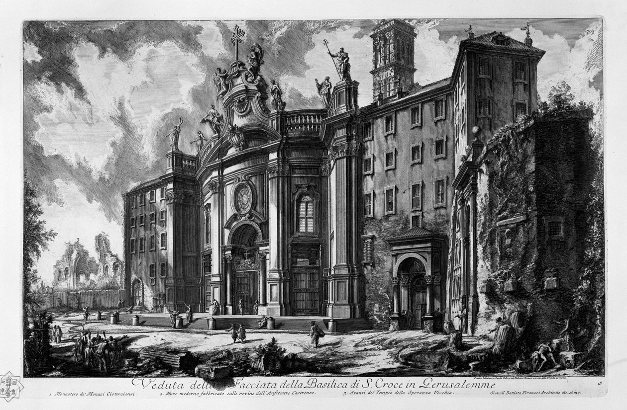 Utsikt over fasaden til basilikaen Santa Croce i Gerusalemme. Cistercian munker kloster. Moderne vegg bygget på ruinene av Castrense amfiteater. Rester av Temple of Venus and Cupid (Temple of Old Hope) av Giovanni Battista Piranesi